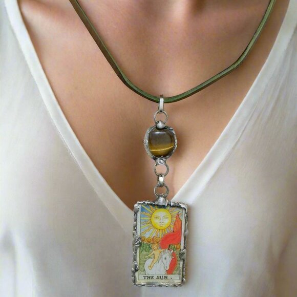 Tarot Card Mixed Media & Artisan Metalwork Tiger Eye Pendant & Leather Necklace - Picture 3 of 12